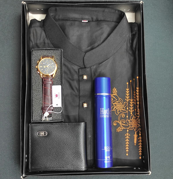 Printed Panjabi+ Wallet+ Olevs belt Watch+ Perfume Combo Pack