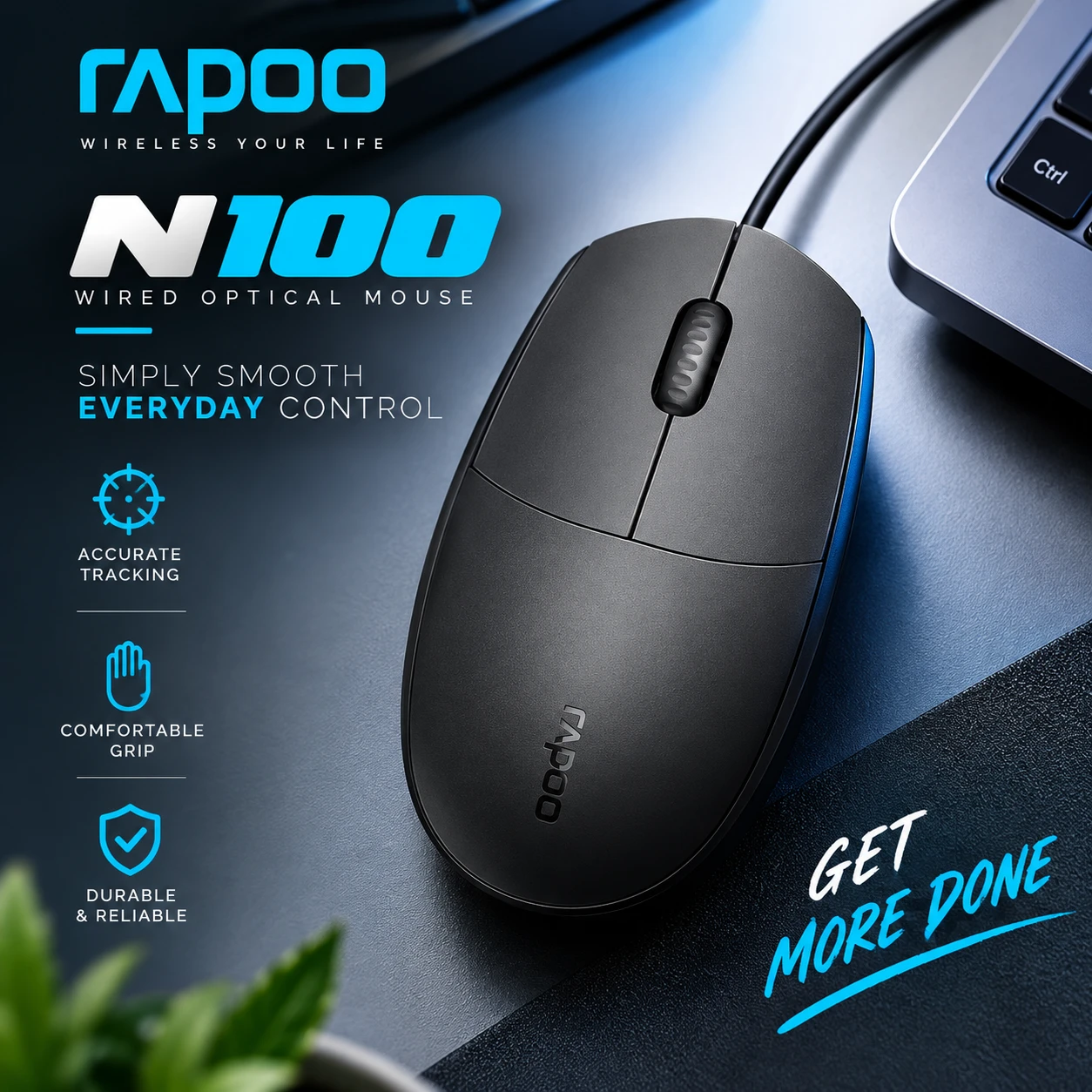 Rapoo N100 Wired Optical Mouse – 1000 DPI, 1.5M USB Cable, Ambidextrous Design