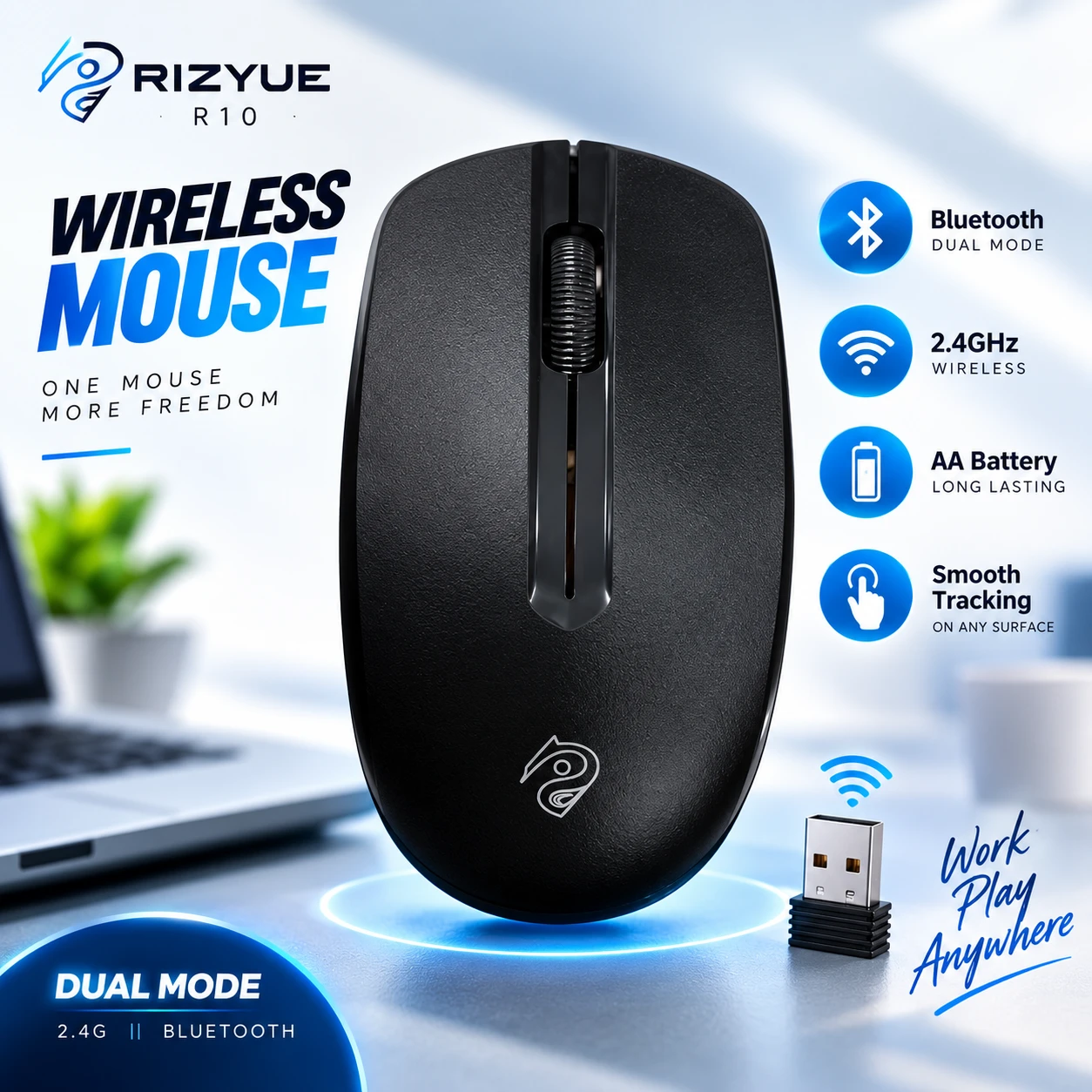 Rizyue R10 Dual-Mode Wireless Mouse – 2.4GHz & Bluetooth, 3000 DPI, Ultra-Lightweight 45.2g