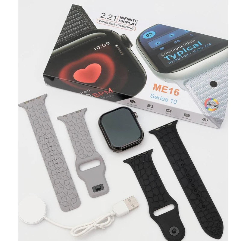 ME16 Smart Watch Series 10 with 2.21 Inch Infinity Display, Wireless Charging & 3 Straps
