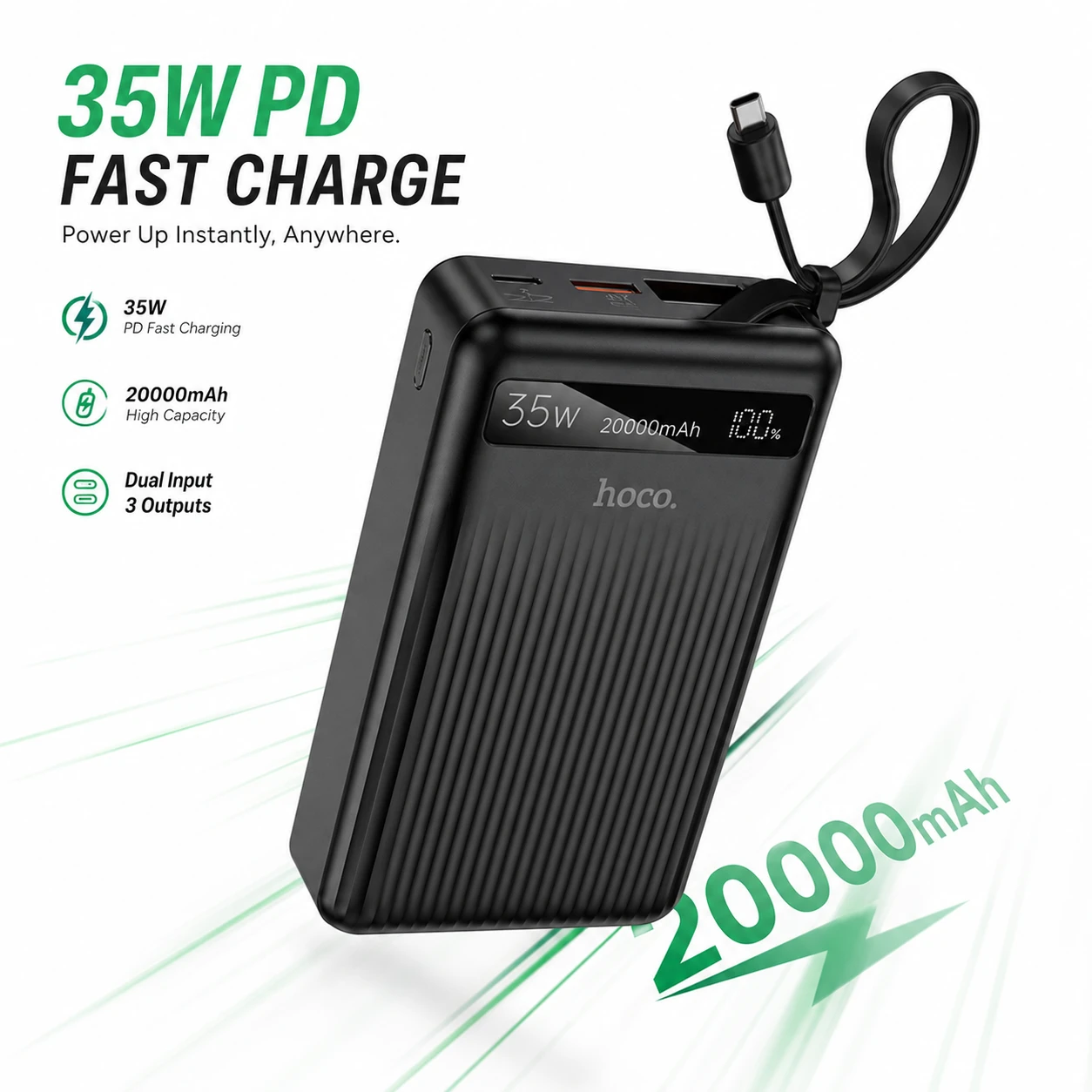 Hoco MMJ-04 20000mAh 35W PD Fast Charging Power Bank with Built-in Type-C Cable & LED Display