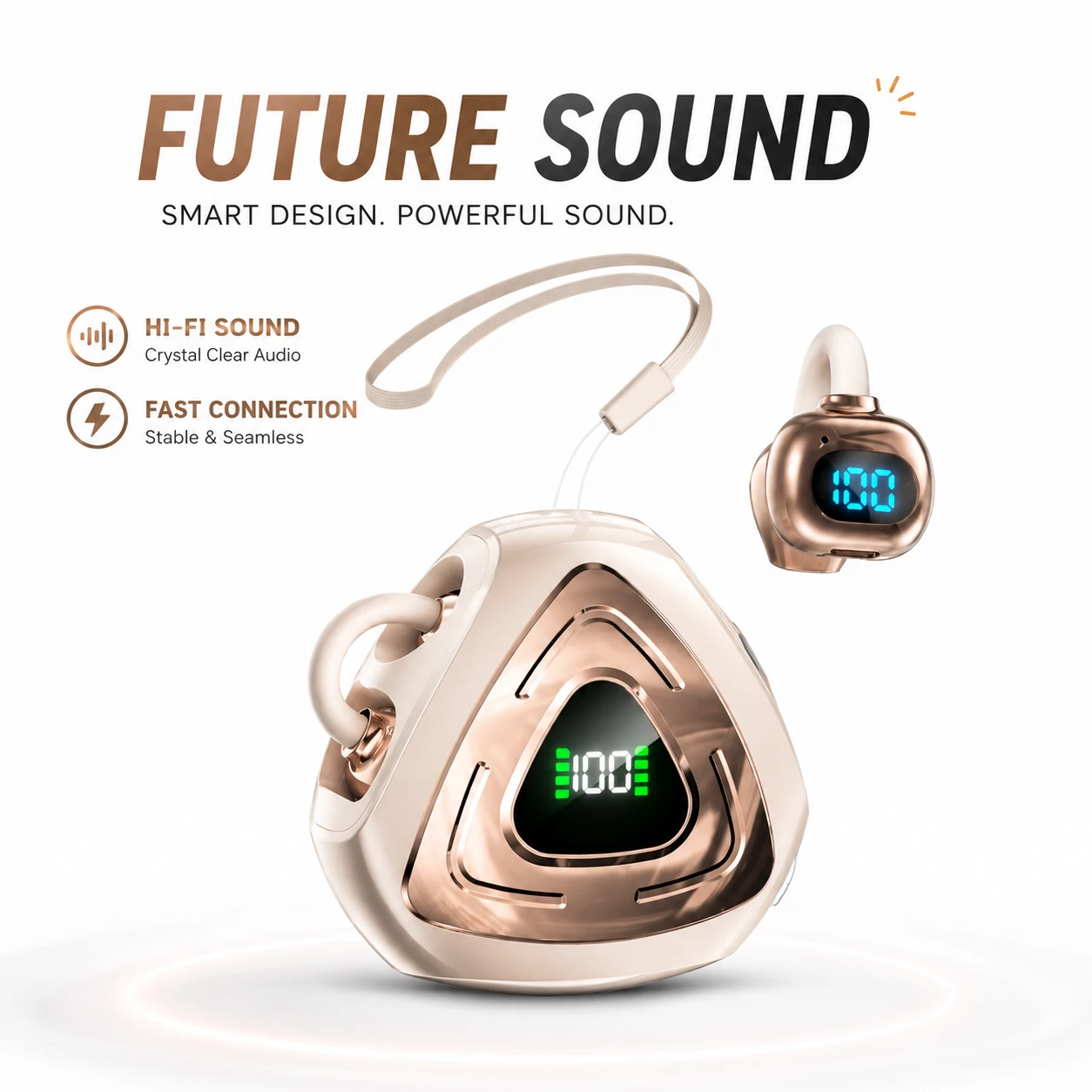 J82 Open-Ear Clip-On TWS Earbuds with Bluetooth 5.4, LED Display & Gaming Mode