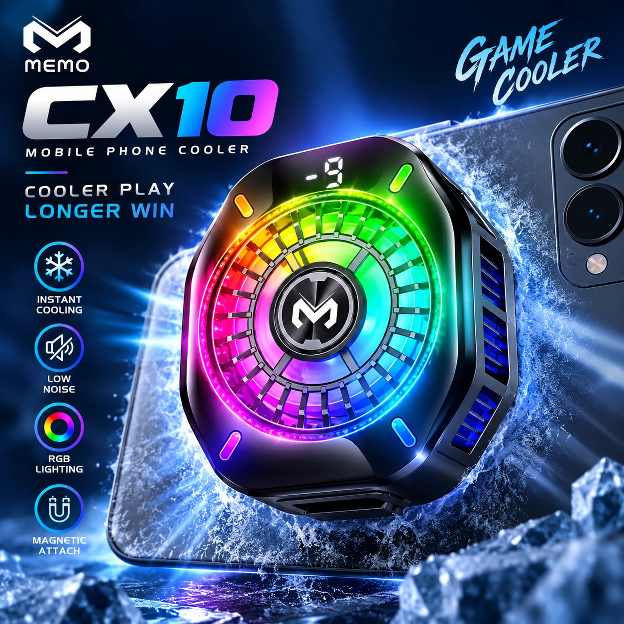 Memo CX10 Magnetic RGB Mobile Phone Cooler – Semiconductor Cooling, 5000 RPM Fan, 10W-11W & Type-C