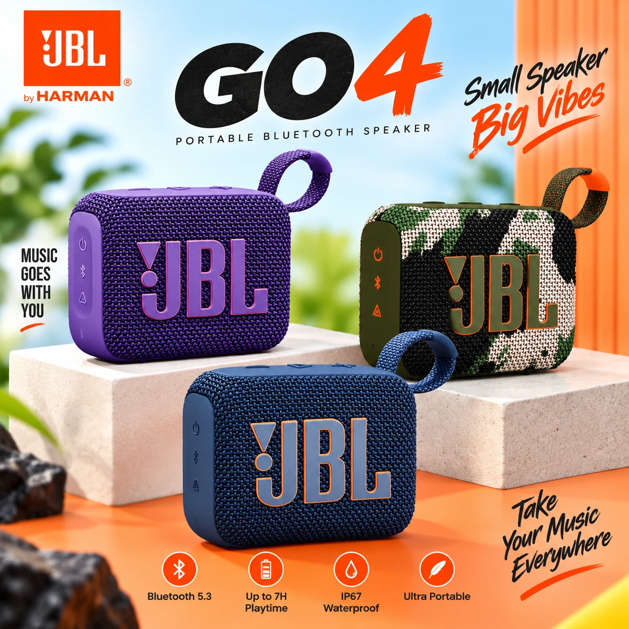 JBL GO 4 Portable Bluetooth Speaker – JBL Pro Sound, IP67 Waterproof, Bluetooth 5.3 & 9H Playtime