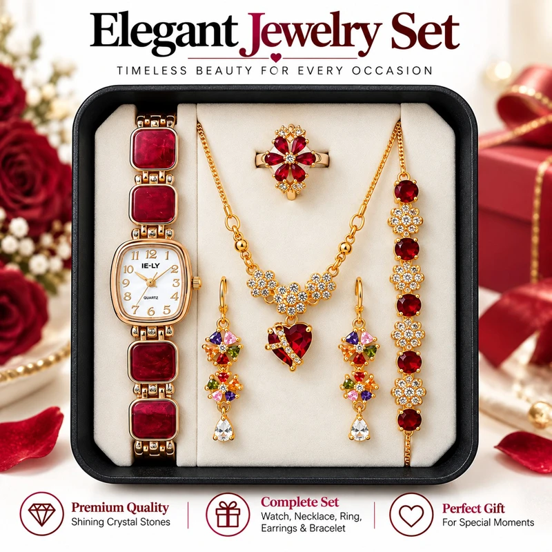 5 in 1 Ladies Watch & Jewelry Gift Set for Girls with Necklace, Earrings, Bracelet & Ring