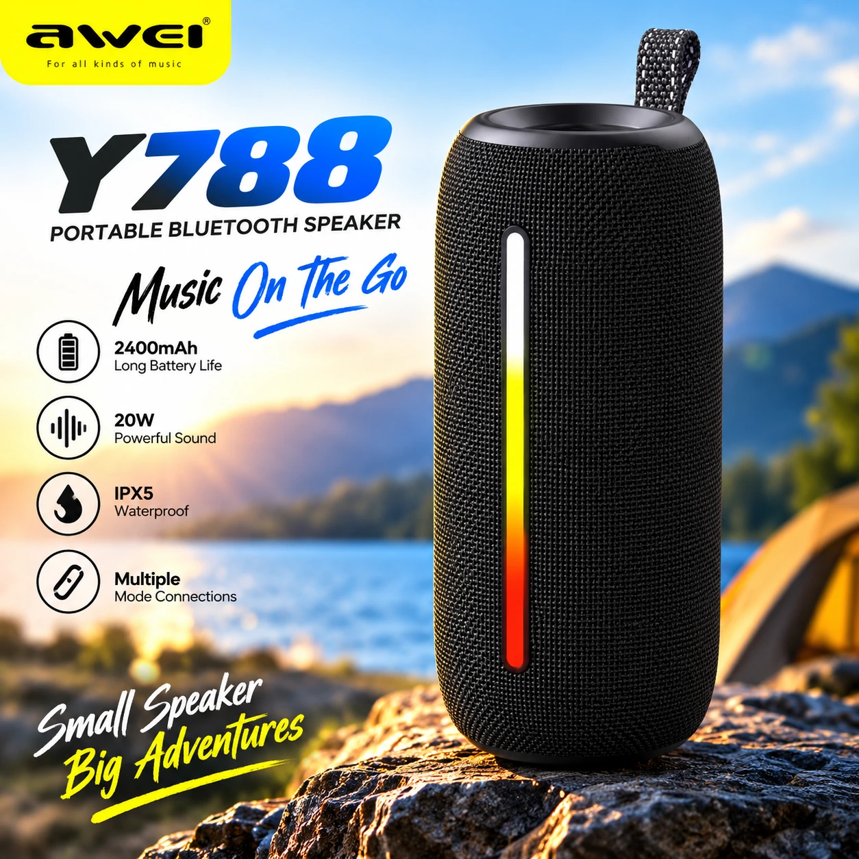 Awei Y788 Bluetooth Soundbar Speaker – 20W, RGB LED Lights, IPX6 Waterproof & TWS Stereo