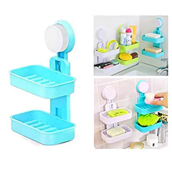 Supo Double Layer Soap Box Suction Cup Holder Rack Bathroom Shower Soap Dish Hanging Tray Wall Holder Storage Holders-Multi Color (ANZ)
