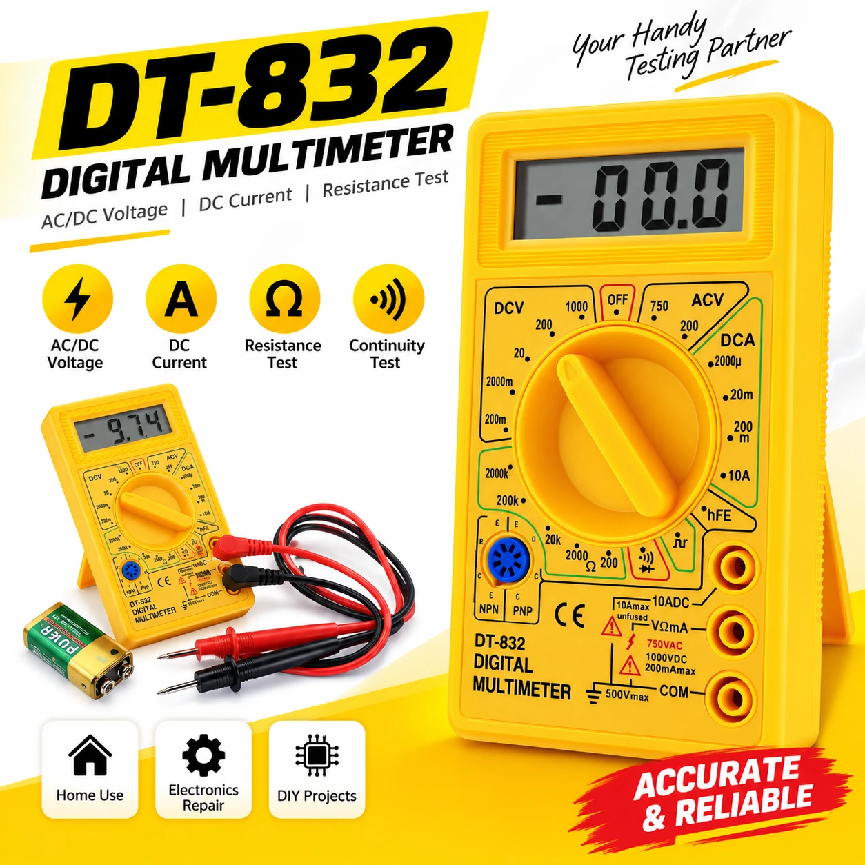 DT830 / DT832 Digital Multimeter – LCD Tester for AC/DC Voltage, Current & Resistance