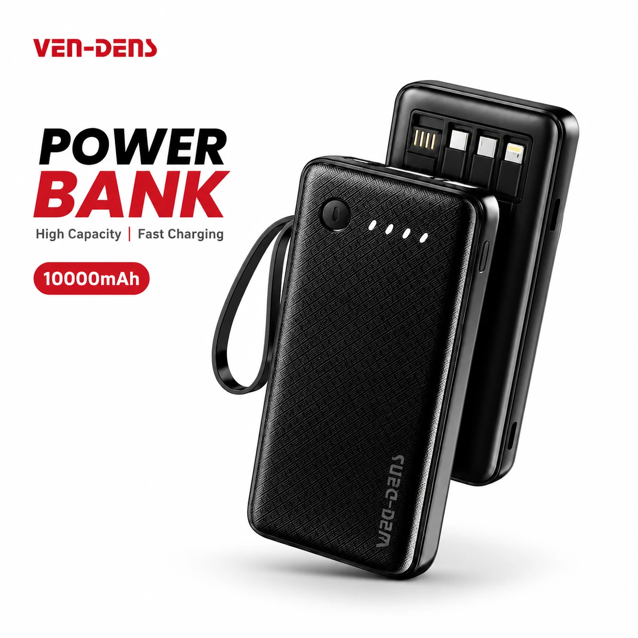 VEN-DENS VD-PB058 10000mAh Power Bank – Built-in Type-C, Micro USB & Lightning Cables with LED Indicator