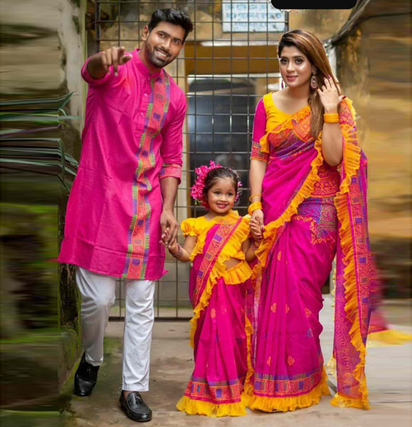 Mom, Baby & Father Special Printed Family Dress (Saree with Panjabi) GM-135