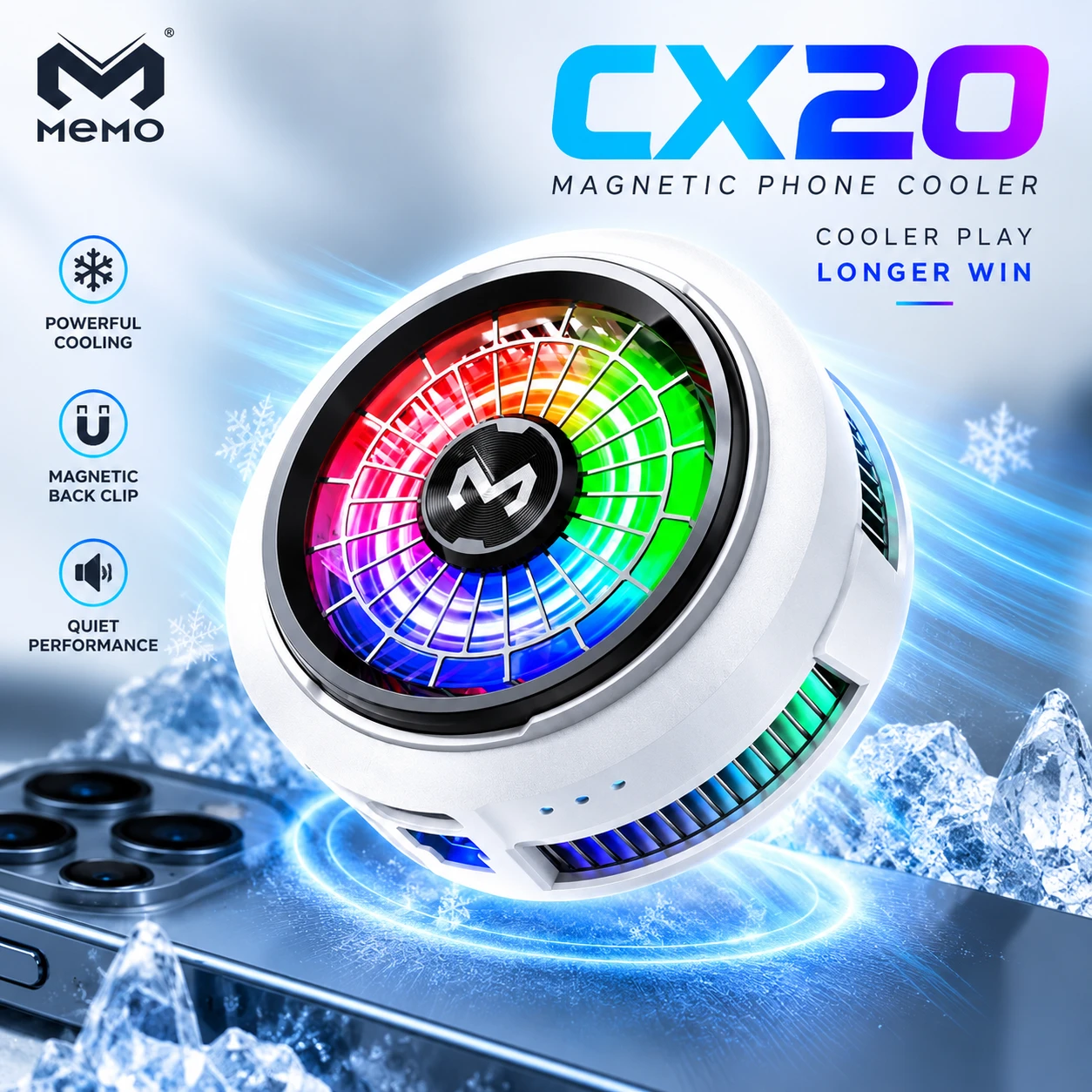MEMO CX20 RGB Magnetic Phone Cooler with 3-Gear Cooling, Semiconductor Refrigeration & Back Clip