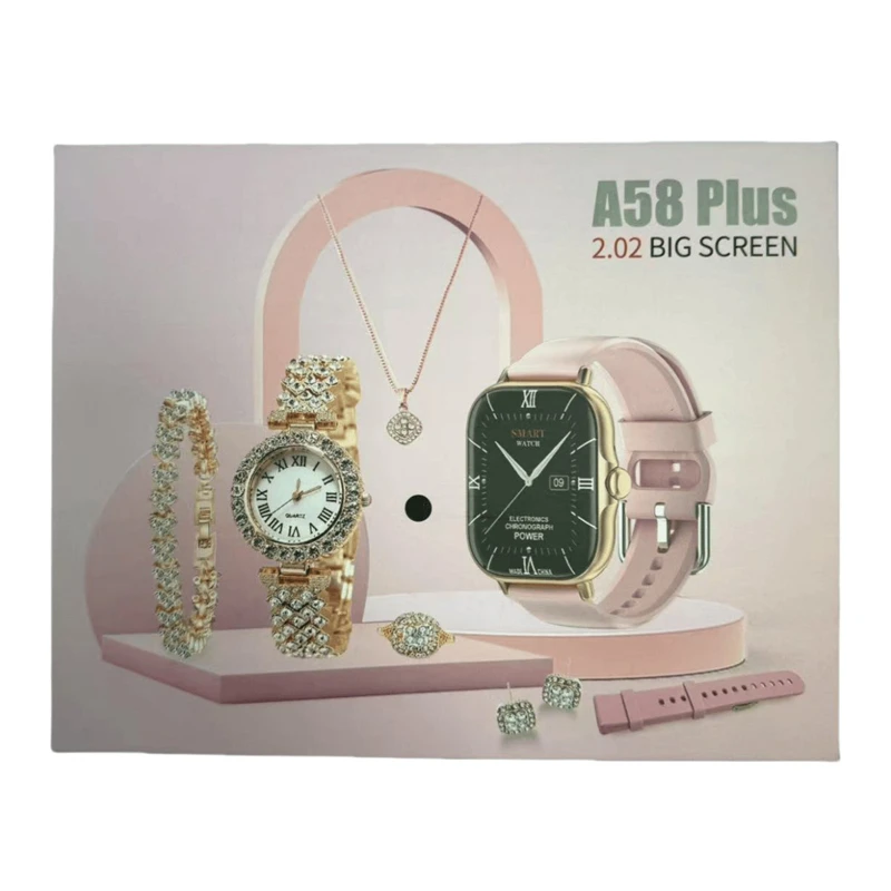 A58 Plus Smartwatch Gift Set for Girls 8 in 1 Combo with Jewelry Accessories & Bluetooth Calling