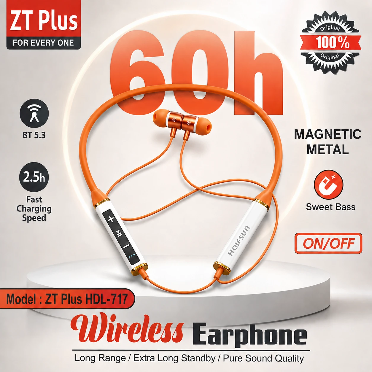 ZT Plus HDL-717 Wireless Neckband Earphone – Bluetooth 5.3, 60H Battery & Magnetic Metal Earbuds
