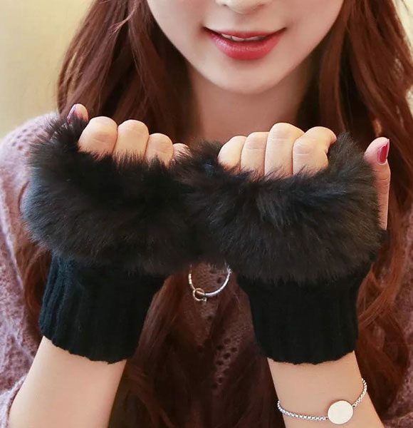 1 Pair Fashion Women Faux Rabbit Fur Hand Wrist Crochet Knitted Fingerless Gloves