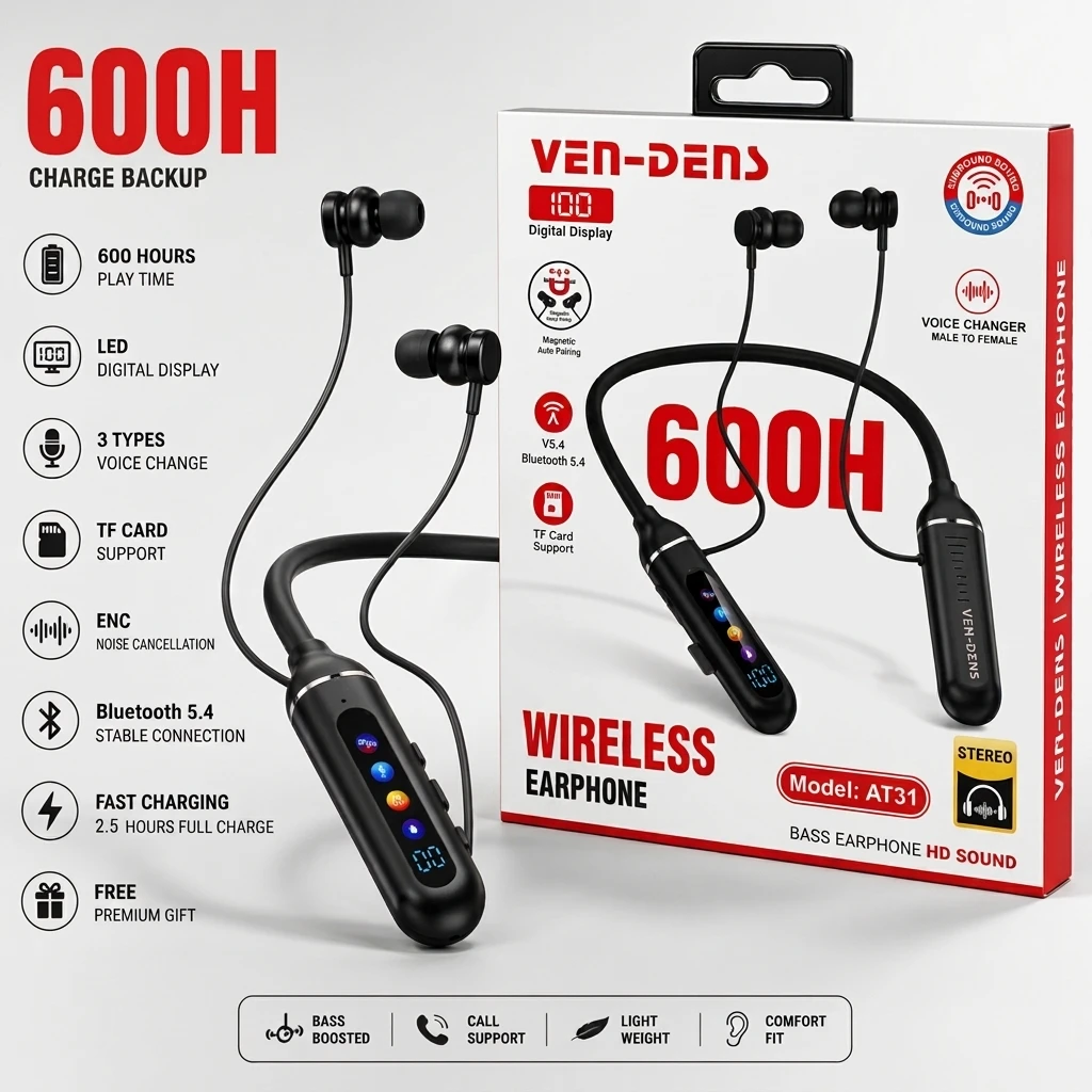 VEN-DENS AT31 Wireless Earphone – Bluetooth 5.4, LED Display, ENC Noise Cancellation & Voice Changer