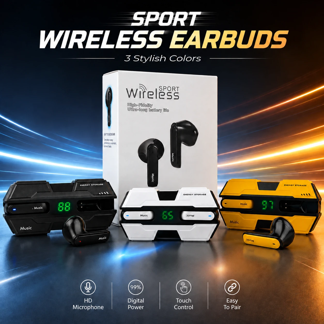 K8 Sport TWS Wireless Earbuds with Deep Bass, Touch Control & LED Digital Display