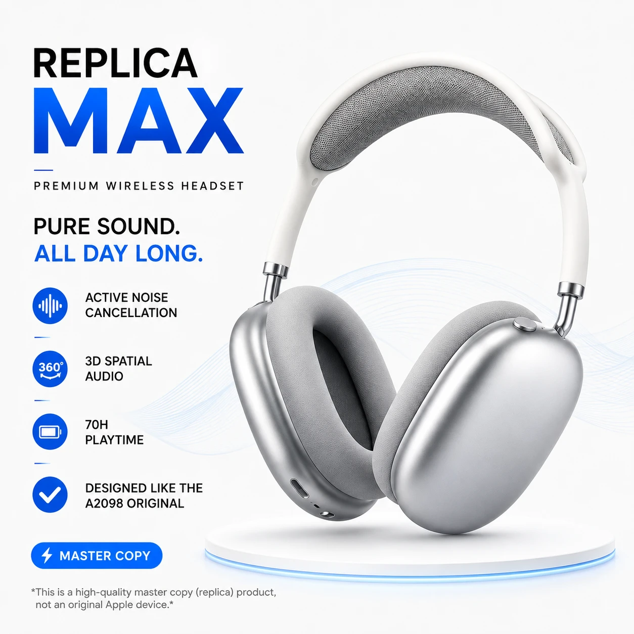 AirPods Max-Style Wireless Over-Ear Headset A2098 Master Copy with ANC & Spatial Audio