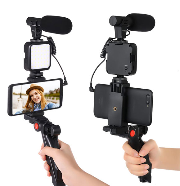 Video -Making Tripod Kit For Live Broadcast 3 In 1 With Microphone, Led Light, Mini Stand and Remote Control, Vlogging Kit