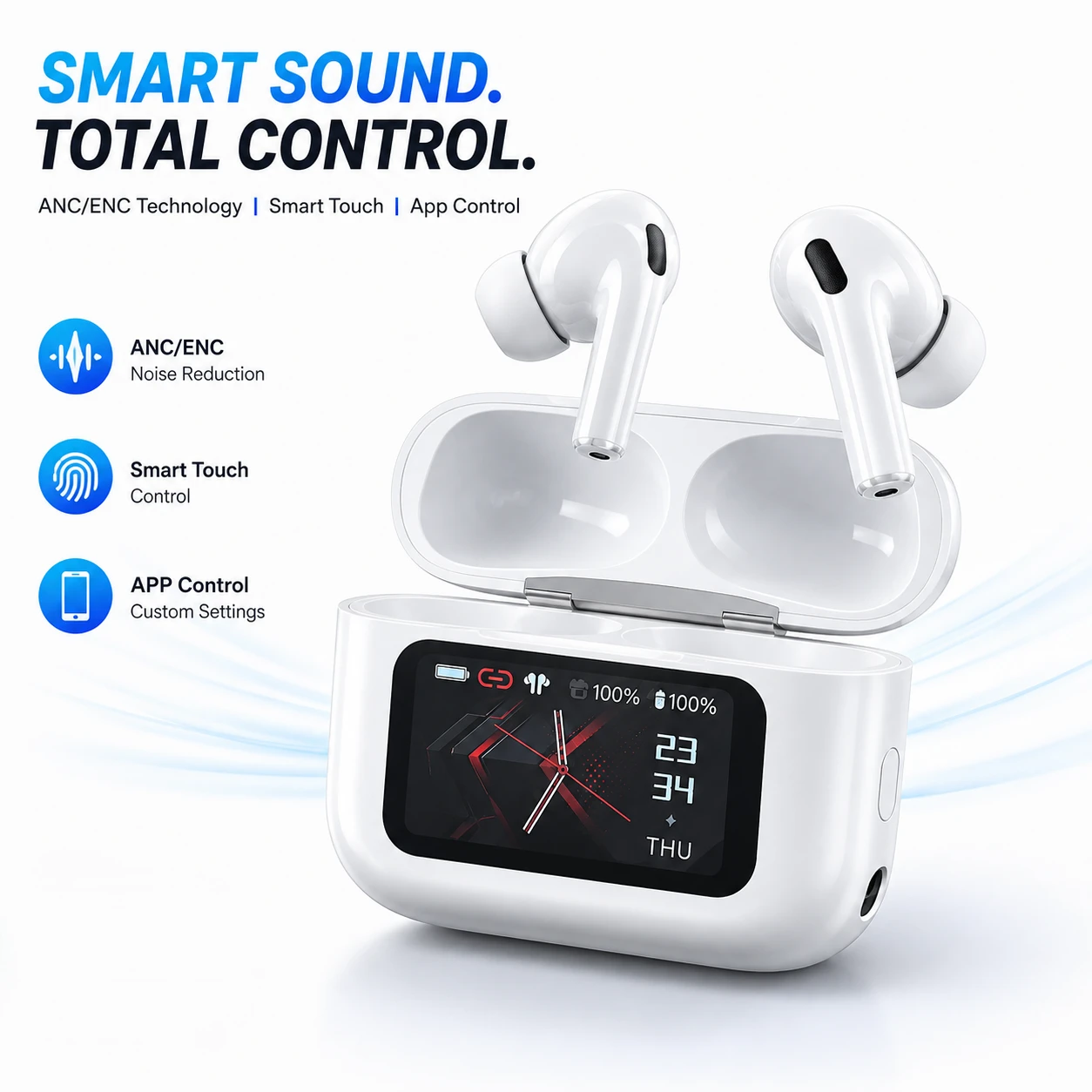 A9 Pro Wireless Earbuds – Smart Touch Screen Display, ANC & ENC Noise Cancellation, App Support & TWS Bluetooth