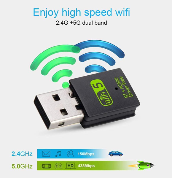 600Mbps Dual Band WiFi + Bluetooth Adapter For PC/Laptop- (CD Free Version, WiFi Hotspot Supported, 2.4GHz + 5GHz)