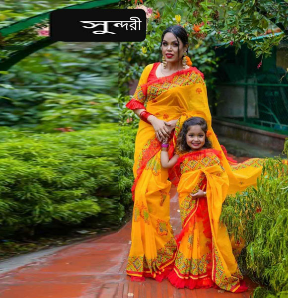 Puja Special Printed Hulf Silk Family Dress (Mom& Baby) GM-111