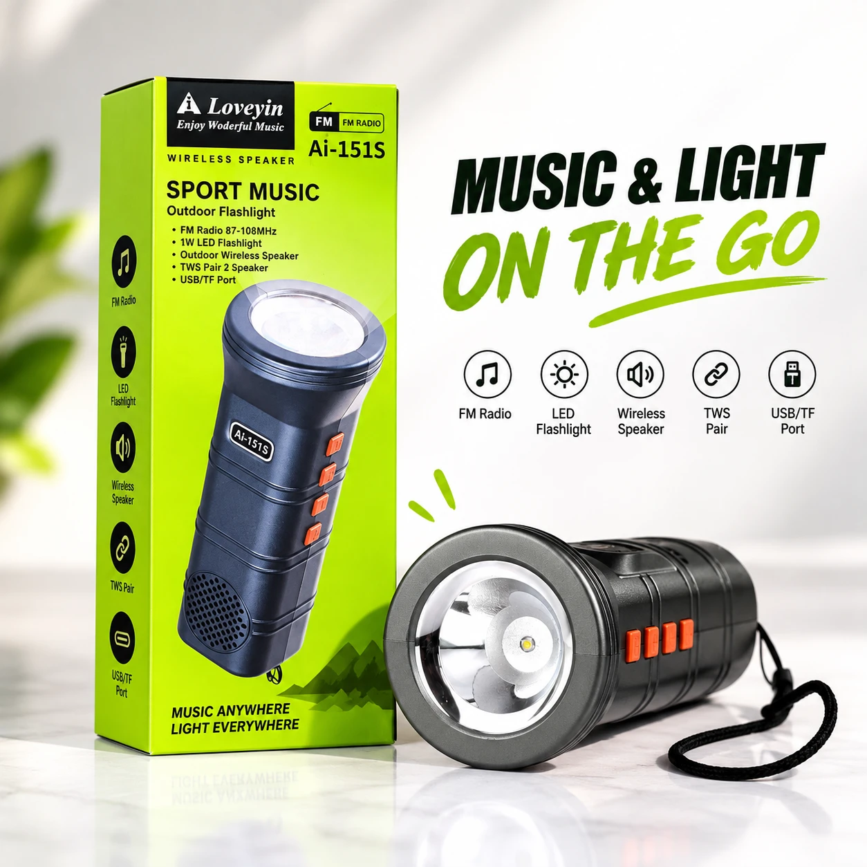 AI-151S Portable Bluetooth Speaker with 1W LED Flashlight, FM Radio, USB & TF Card Support