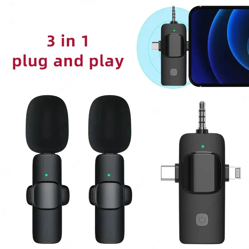 EOENKK 3-in-1 Wireless Lavalier Microphone for iPhone, Type-C & 3.5mm