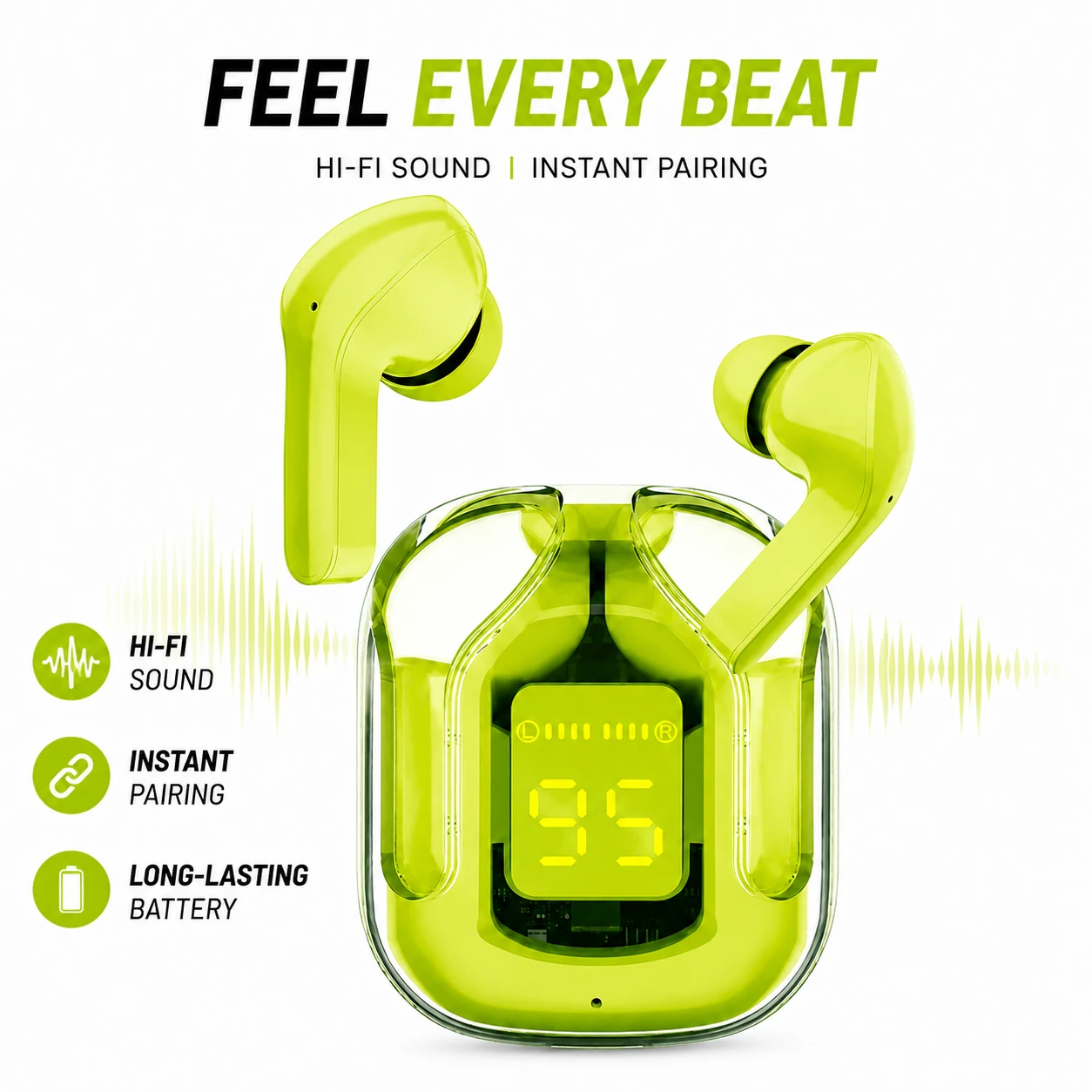 Ultrapods Pro Transparent Wireless Earbuds – Bluetooth 5.3, ANC, LED Display & IPX4 Waterproof