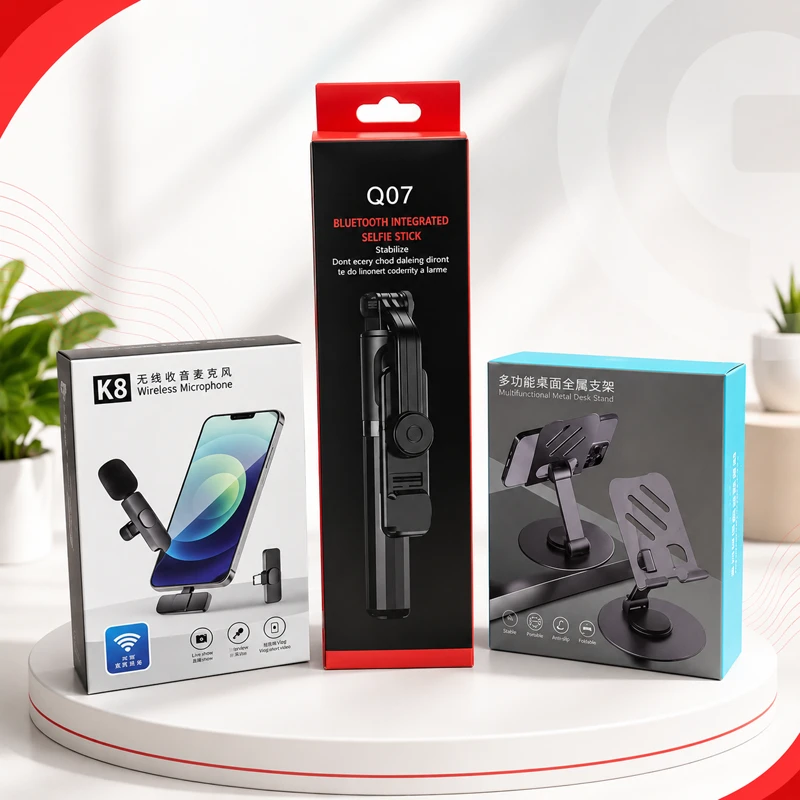 Smart Vlogger Combo K8 Wireless Mic + Q07 Selfie Stick + 360° Phone Stand
