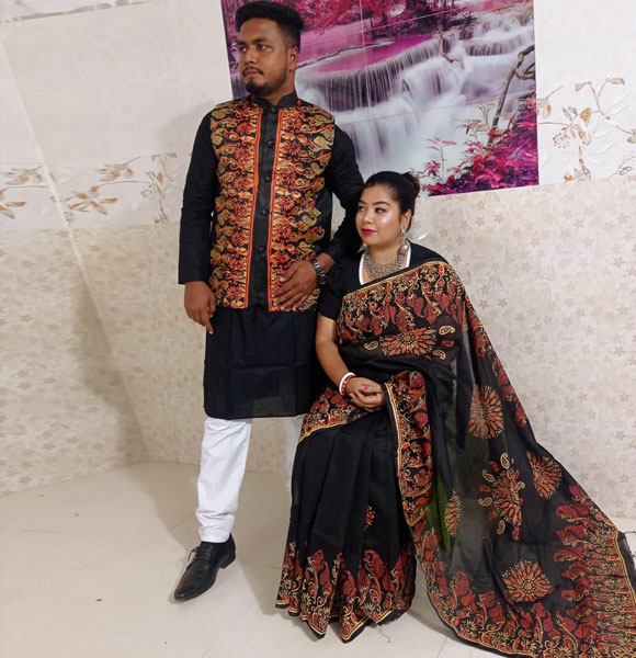 Stylish New Collection Saree & Panjabi koti Combo Dress black color for Couple GM-1763
