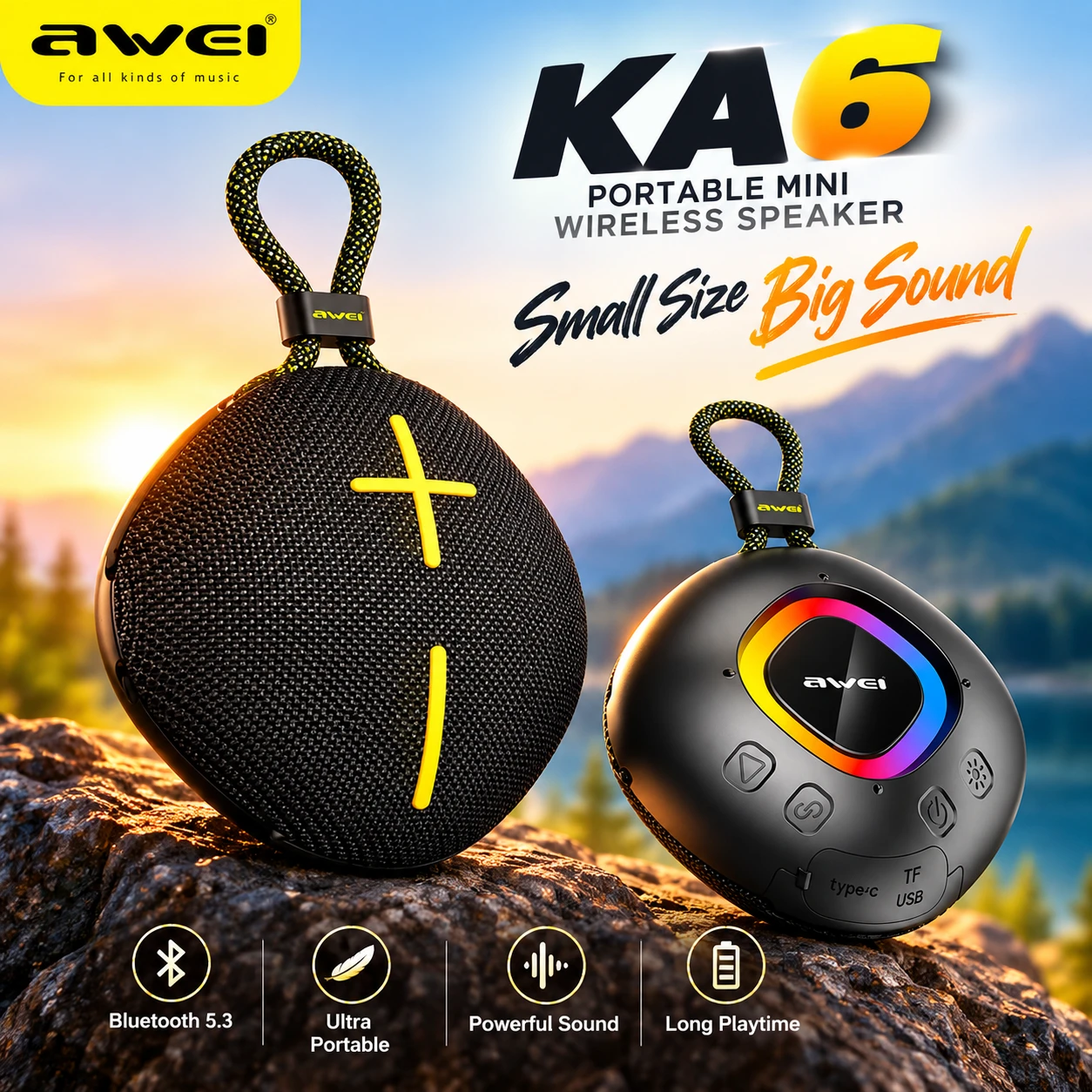 Awei KA6 Mini Bluetooth Speaker – 8W, IPX6 Waterproof, RGB Lights & 1200mAh Battery