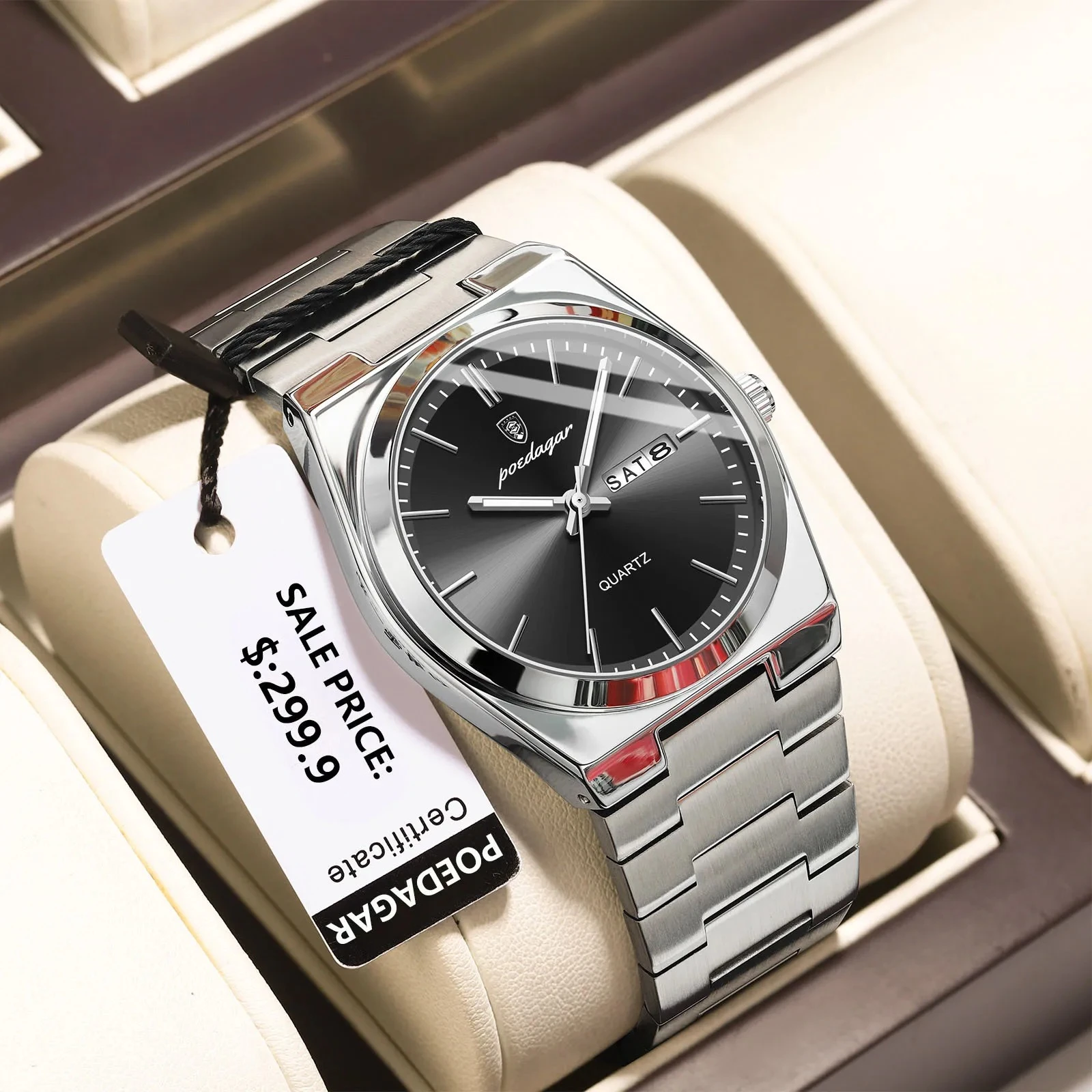 POEDAGAR 930 Men's Luxury Stainless Steel Quartz Watch – Luminous Dial, Date & Week Display