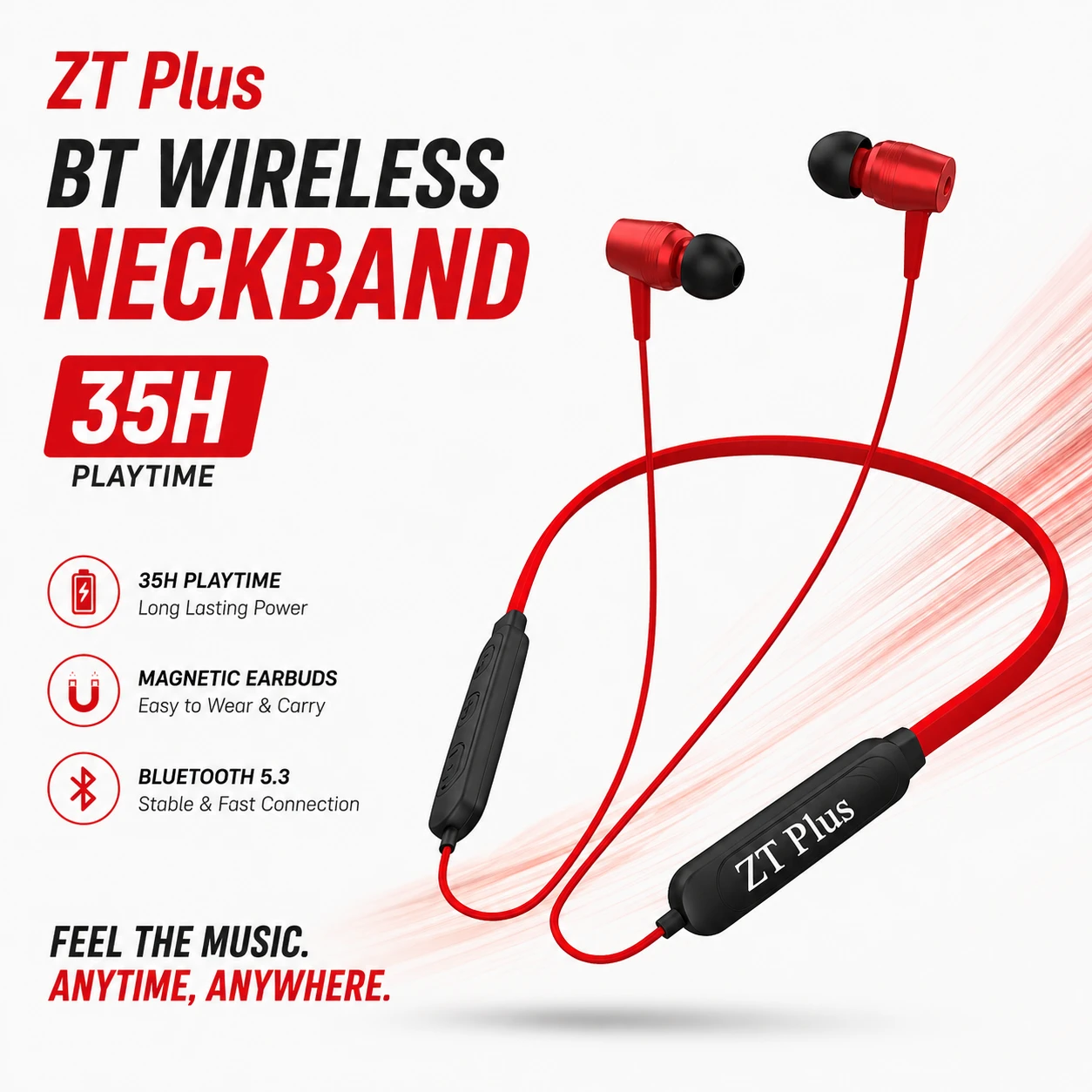ZT Plus BT Wireless Neckband Earphone – Bluetooth 5.3, 35H Battery, Deep Bass & Magnetic Earbuds