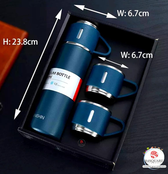 Premium Stainless Steel 1 Bottle & 3 Mug Set | 500ml Capacity | 12 Hours Hot & Cold | Gift Pack | Double Walled Vacuum Flask Insulated Bottle
