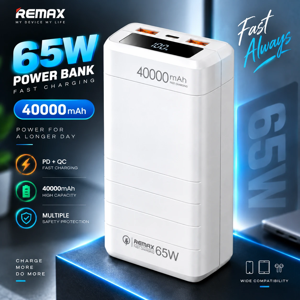 Remax RPP-310 Dinba Series 40000mAh Power Bank – 65W PD & QC Fast Charging,