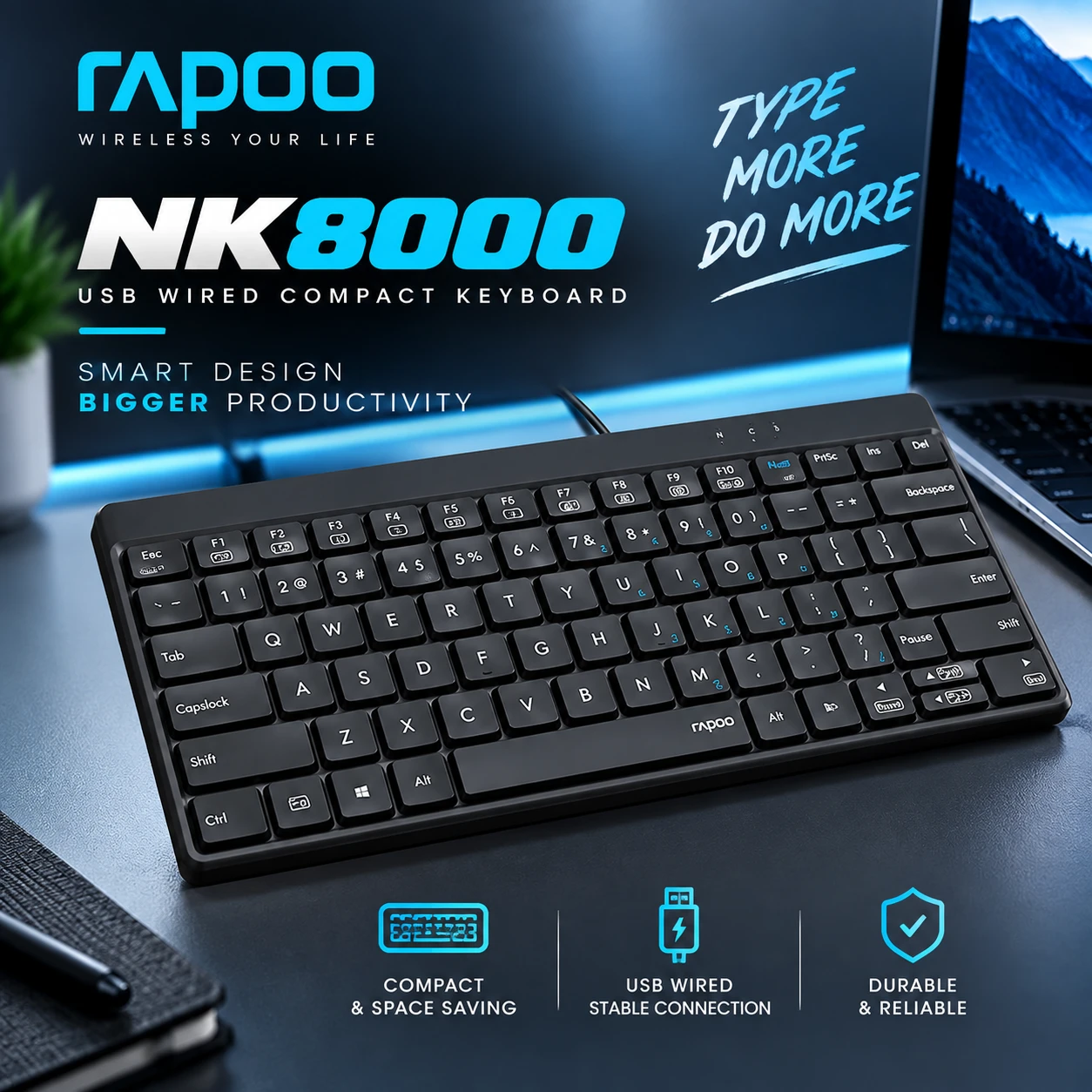 Rapoo NK8000 USB Wired Keyboard – Compact 80-Key Layout, FN Multimedia Hotkeys & 2-Year Warranty