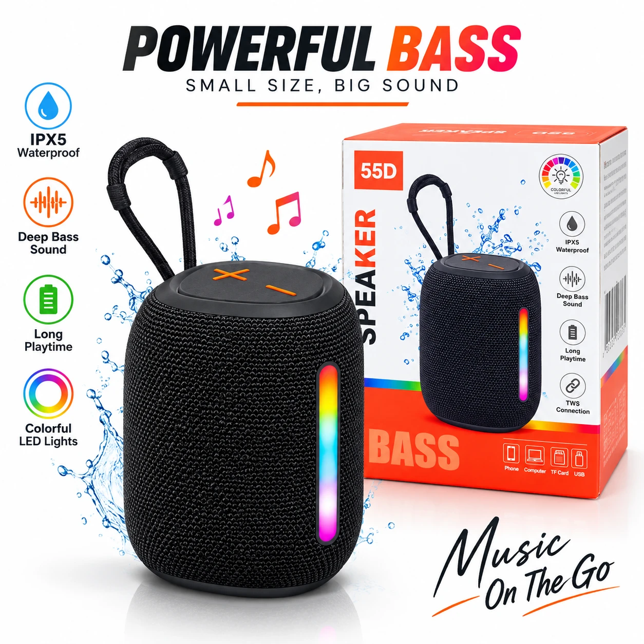 BS-55D Portable Bluetooth Speaker – BT 5.3, RGB 10 Modes, 1500mAh Battery, FM Radio & Type-C