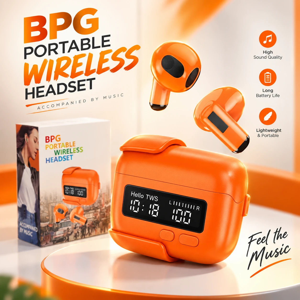 Multifunction TWS Wireless Earbuds with Digital LED Clock Display, Belt Clip Case & Powerful Bass
