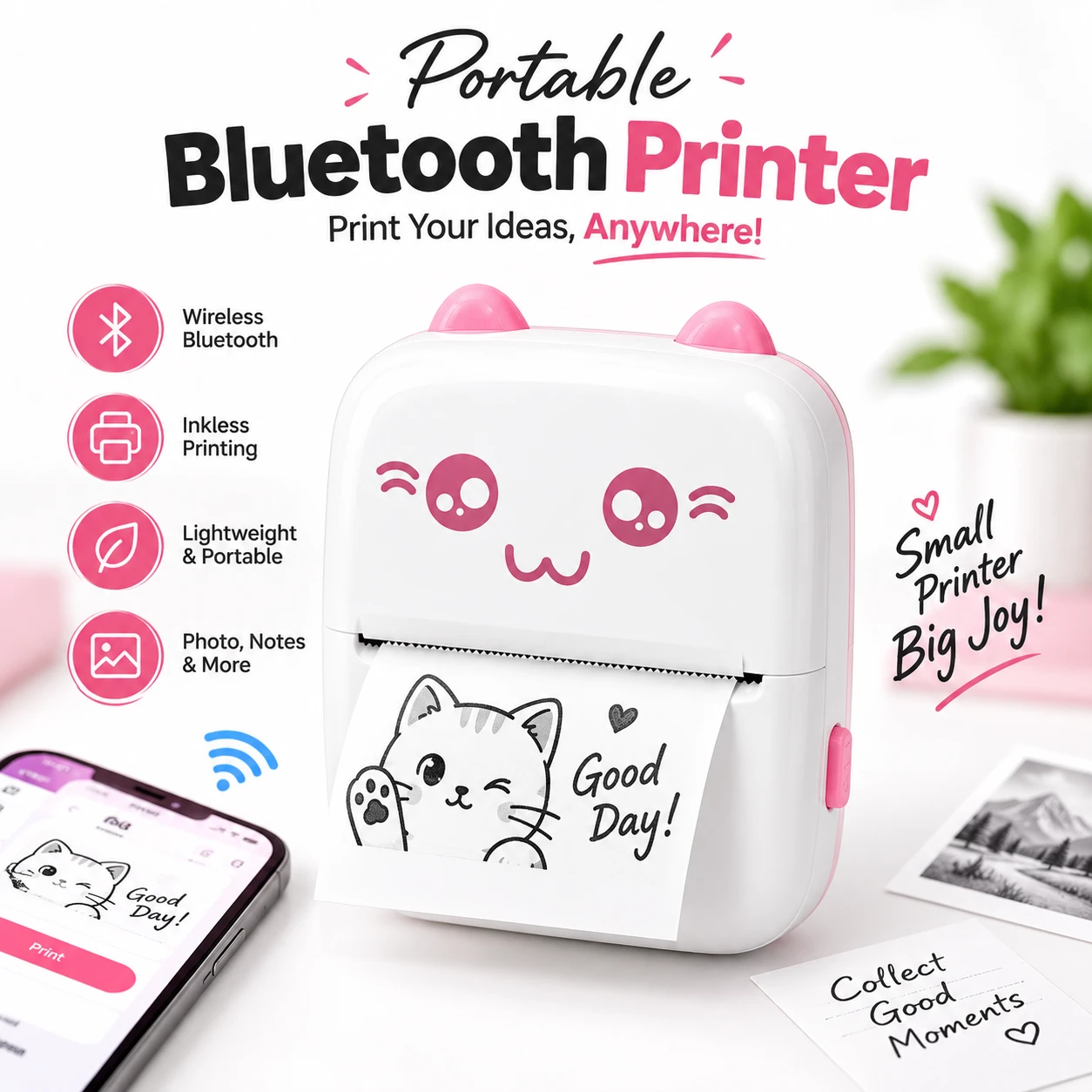 Portable Bluetooth Thermal Pocket Printer – Inkless Mini Printer for Notes, Labels & Photos