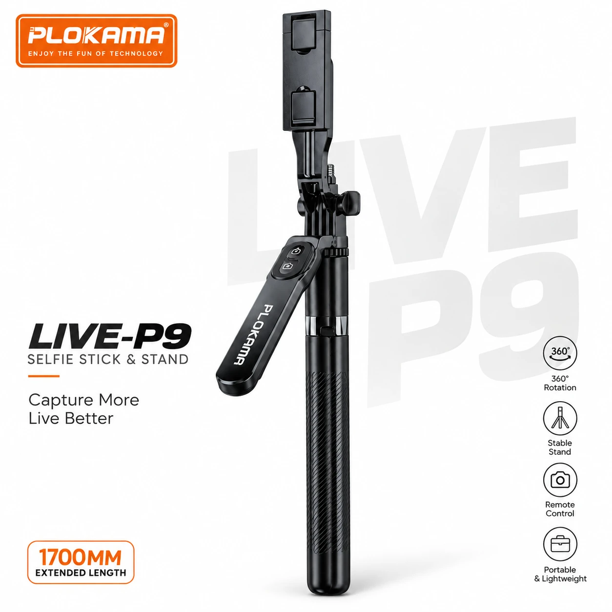 Plokama Live P9 Pro 4-in-1 Broadcast Stand – 6Ft Tripod, Rechargeable LED Light & Bluetooth Remote