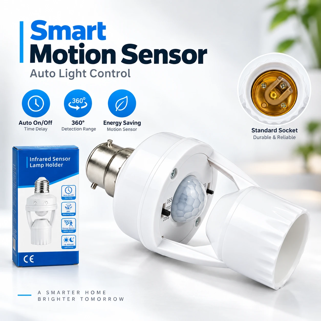 Intelligent E27 Motion Sensor Lamp Holder with 360° Detection, Radar & Infrared Sensor, Adjustable Timer