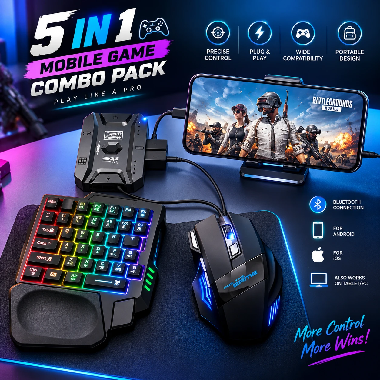 5-in-1 Mobile Gaming Combo Pack – Keyboard, Mouse Converter & Phone Stand for Smartphone Gaming