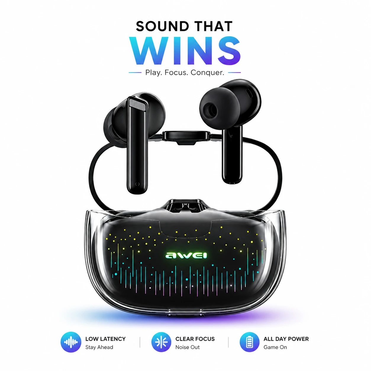 Awei T52 ANC Wireless Earbuds – Bluetooth 5.3, -30dB ANC, RGB Lights, IPX6 & 24H Battery