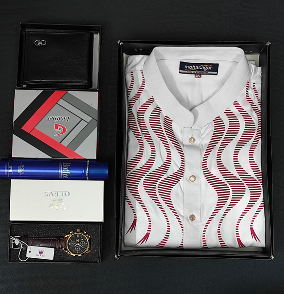 Printed Panjabi+ Wallet+ Olevs belt Watch+ Perfume Combo Pack