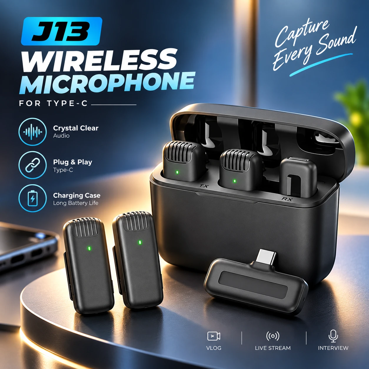 J13 Wireless Lavalier Microphone Type-C – Noise Cancellation, 20M Range & Charging Case