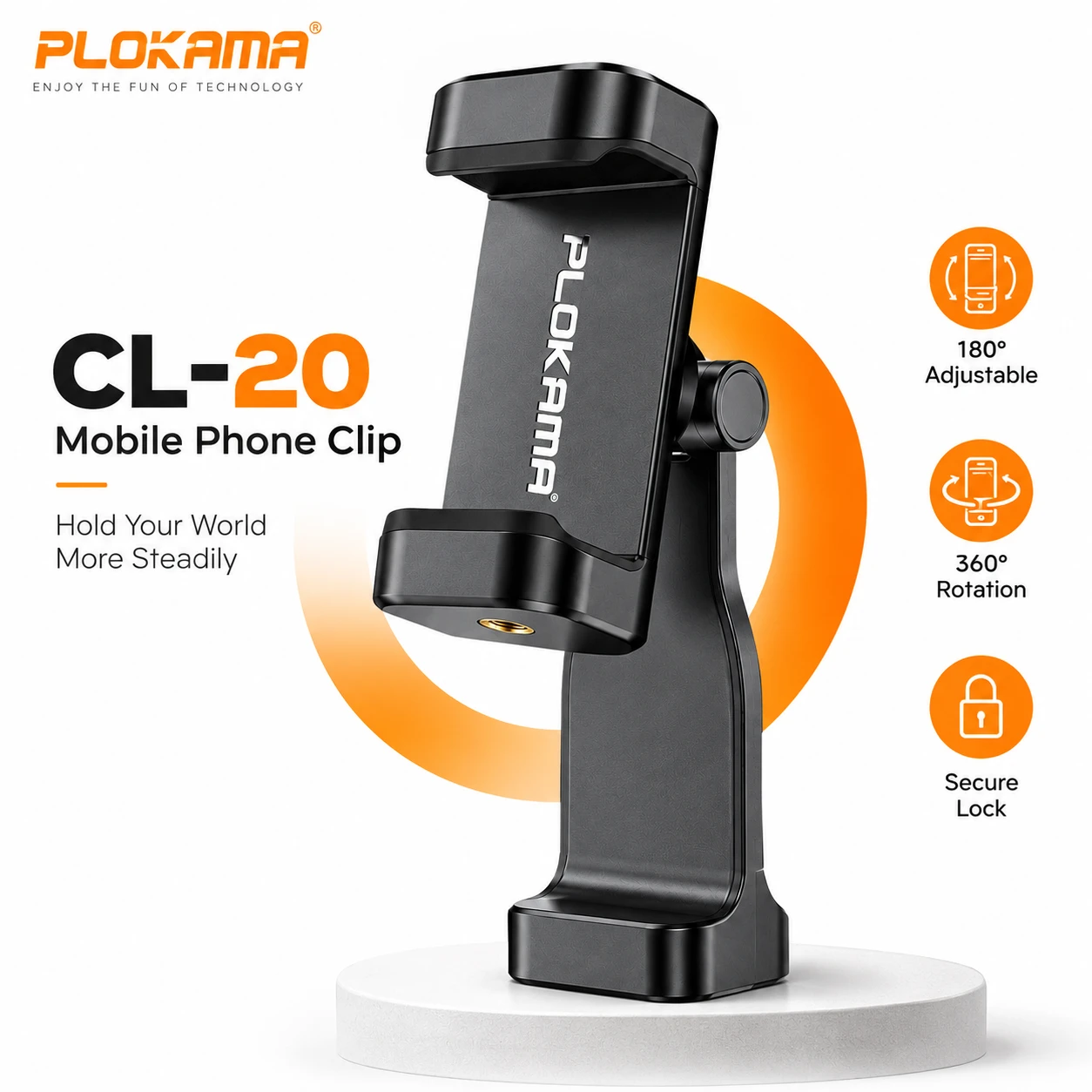 Plokama CL-20 Universal Phone Clip Holder – 360° Rotatable Tripod Mount for Smartphones