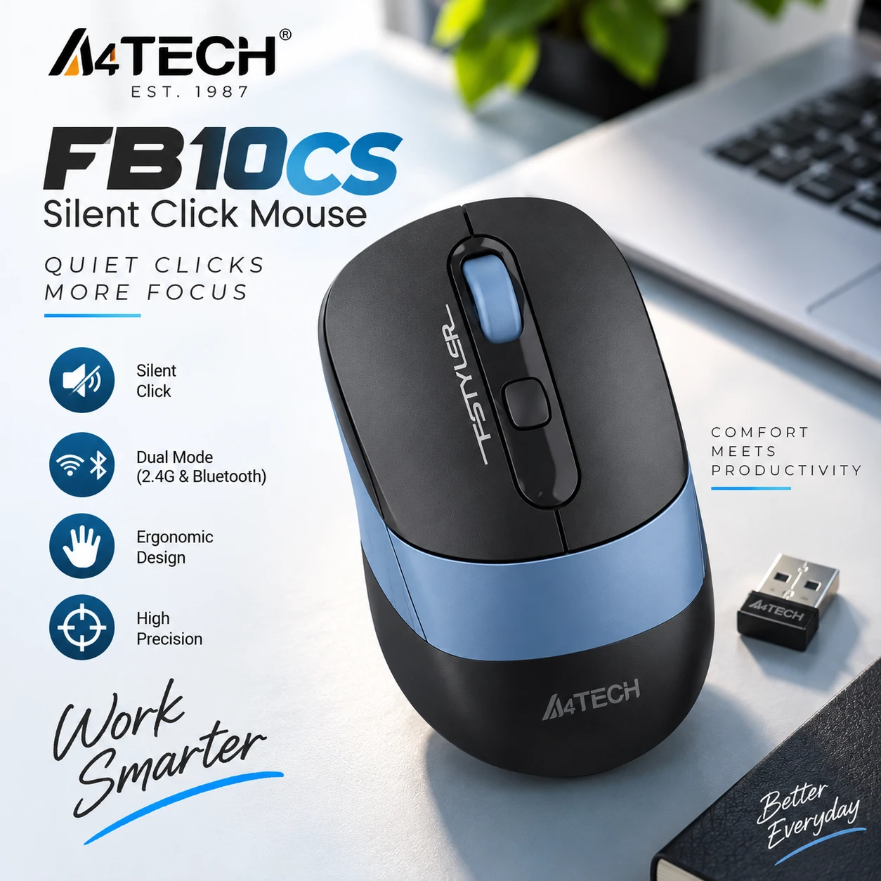 A4Tech FB10CS Silent Click Wireless Mouse with Bluetooth & 2.4GHz, 2000 DPI & Multi-Device Support