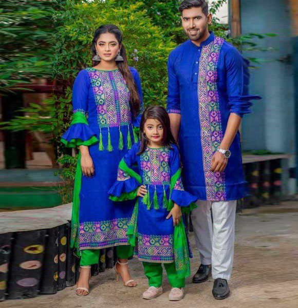 Mom, Baby & Father Special Printed Family Dress (Three Pieces with Panjabi) GM-131