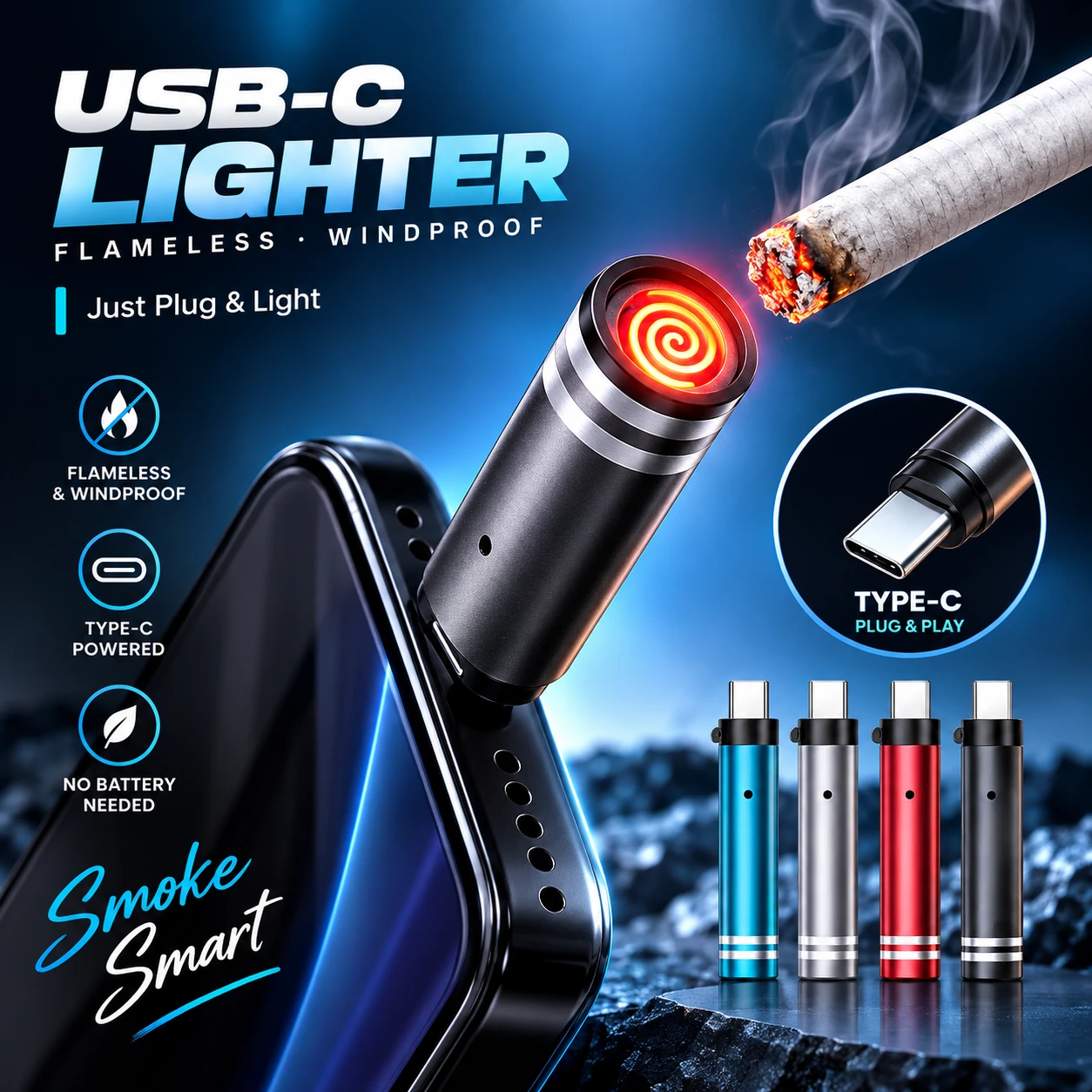 USB-C Mini Flameless Lighter – Tungsten Wire, Blow-to-Ignite, Windproof & Auto Shut-Off