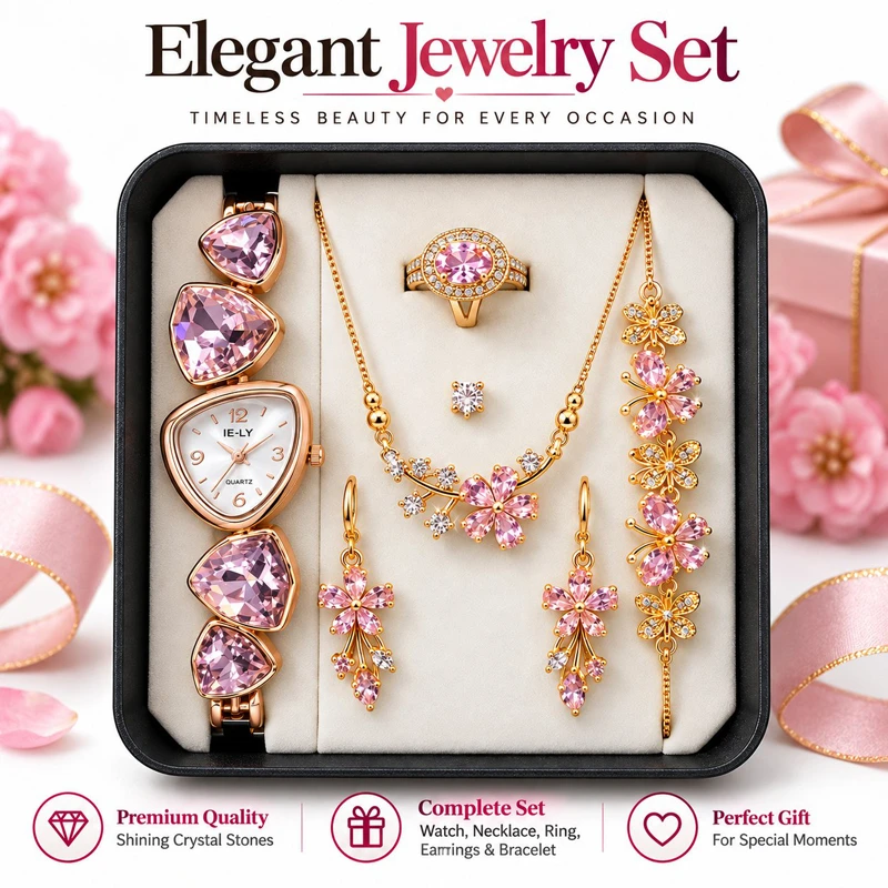 5 in 1 Ladies Watch & Jewelry Gift Set for Women with Necklace, Earrings, Bracelet & Ring